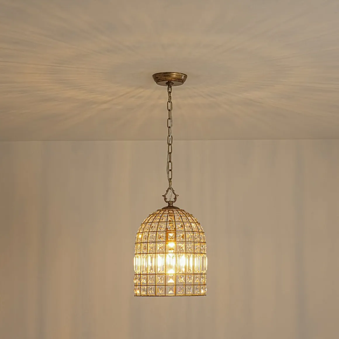 French Shabby Chic Antique Brass Crystal Cage Chandelier