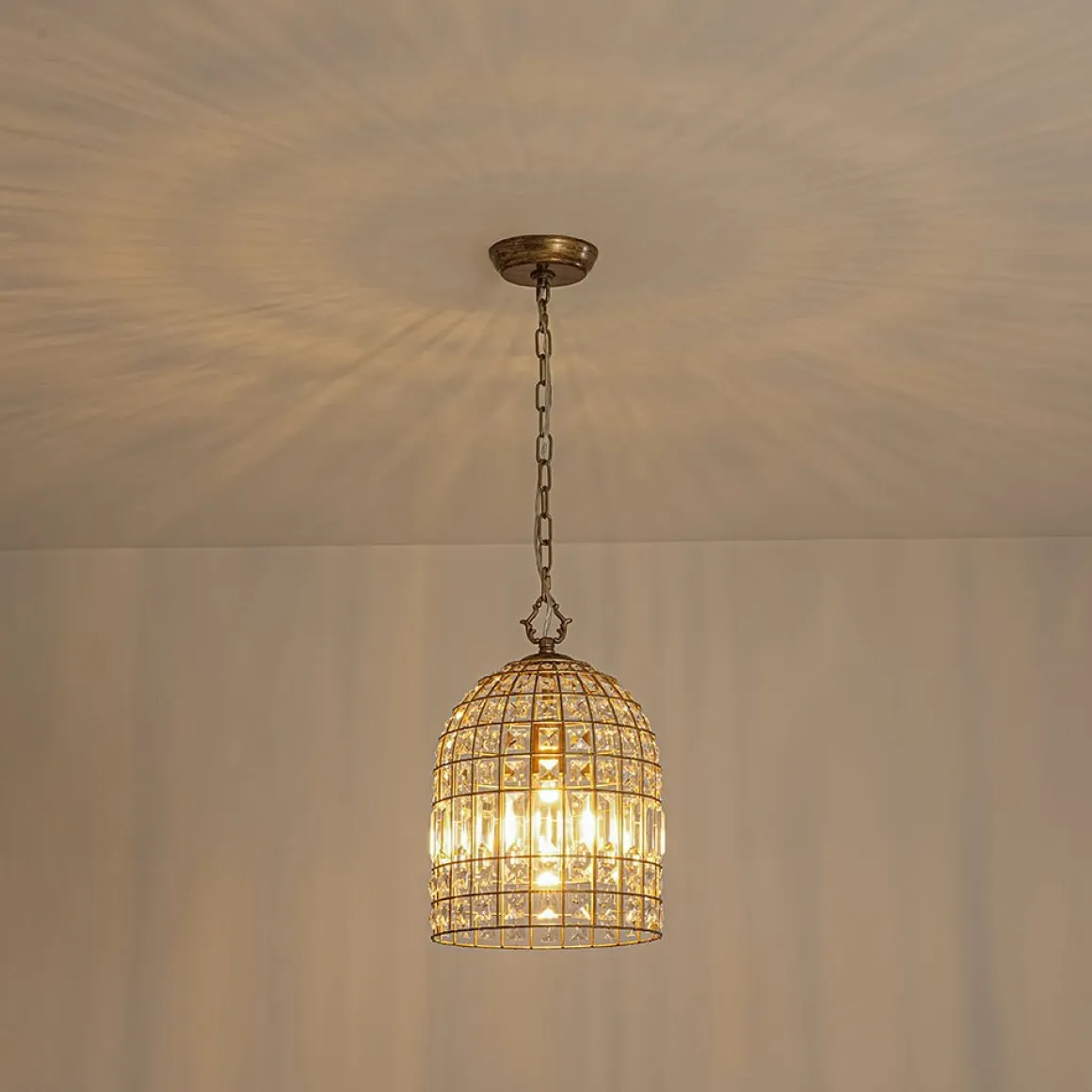 French Shabby Chic Antique Brass Crystal Cage Chandelier