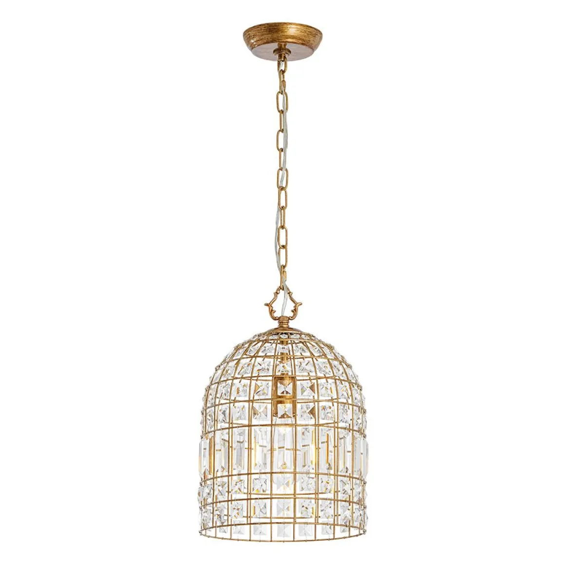 French Shabby Chic Antique Brass Crystal Cage Chandelier