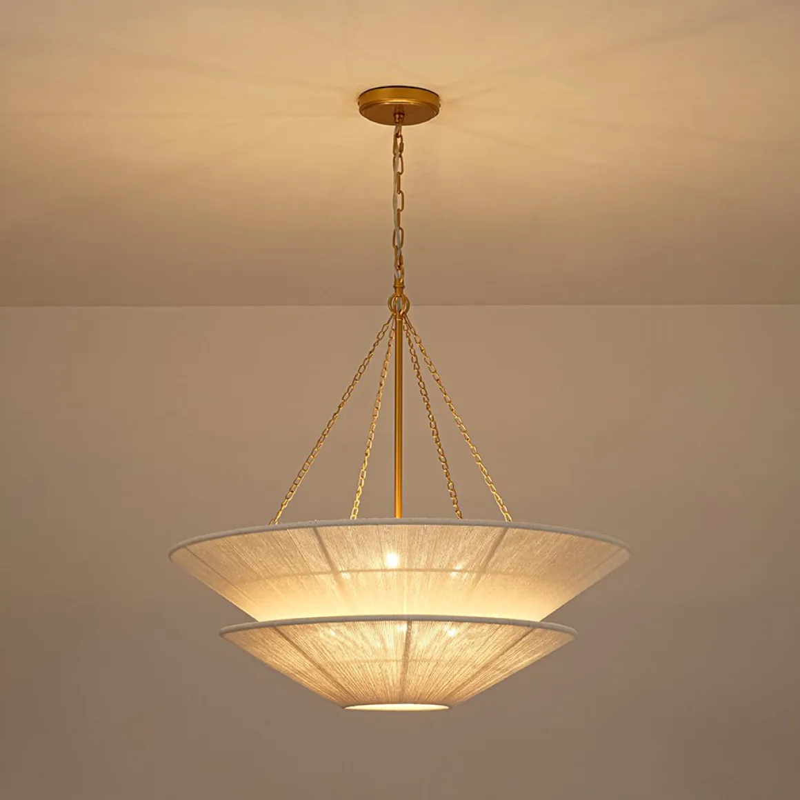 French 2-Tier Beige Woven Thread Cone Round Cage Chandelier
