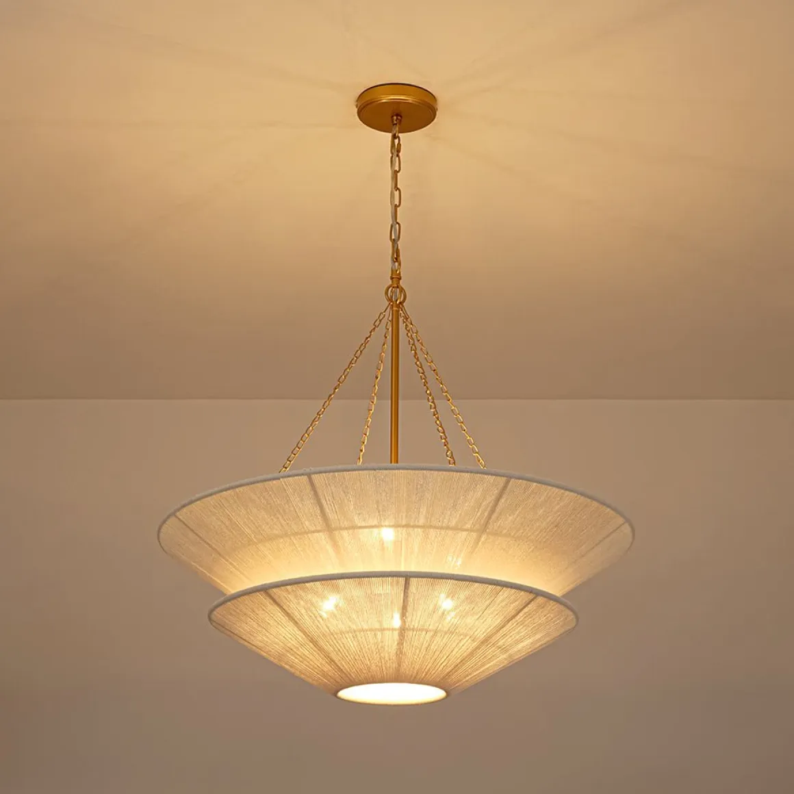 French 2-Tier Beige Woven Thread Cone Round Cage Chandelier