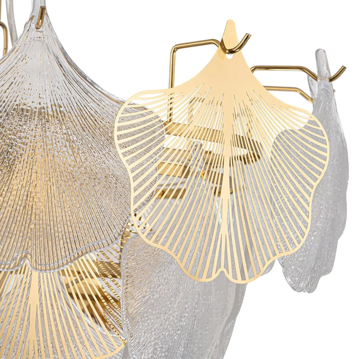 French Tiered Ginkgo Leaf Textured Glass Round Chandelier