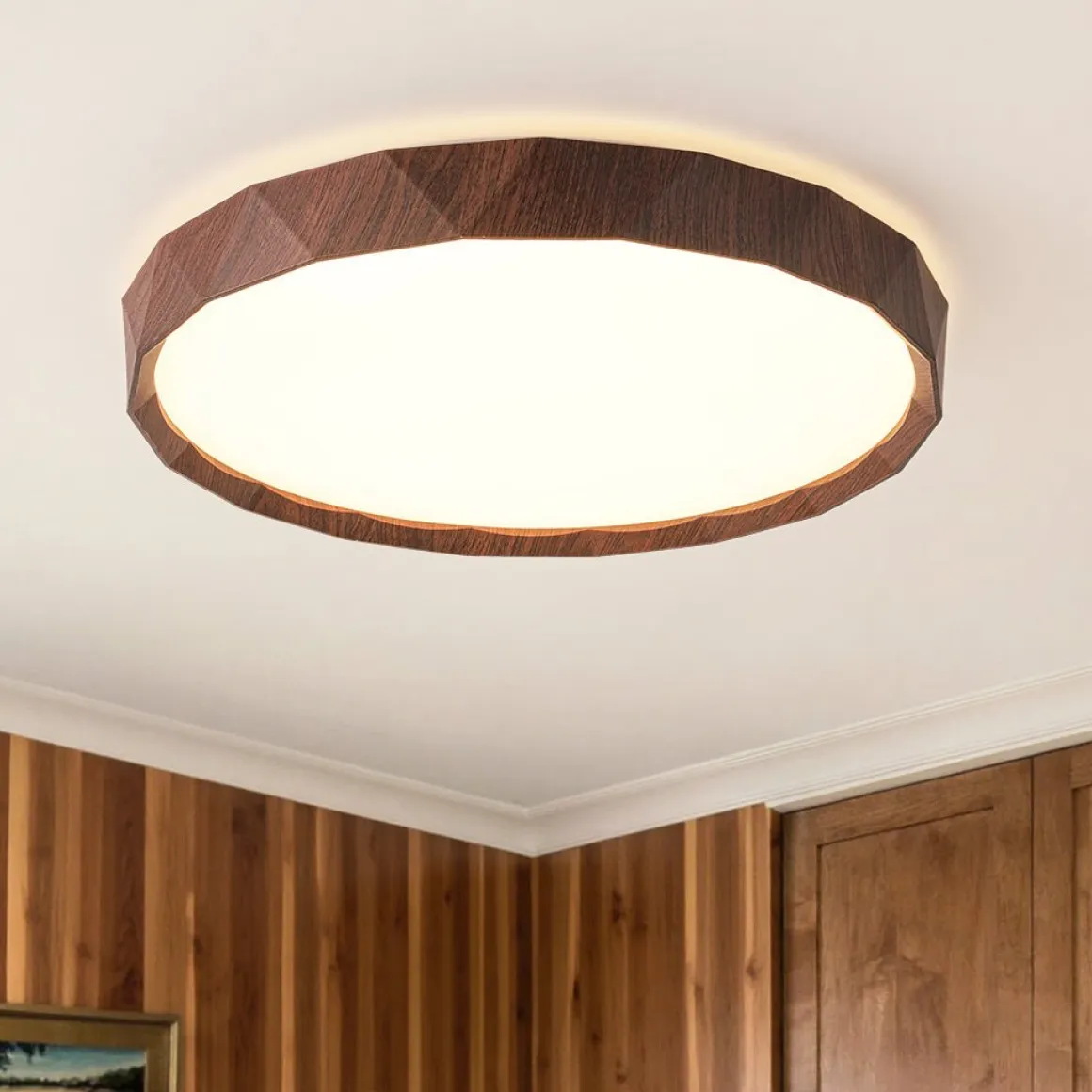 Geometric Wood Style Dimmable LED Flush Mount Light