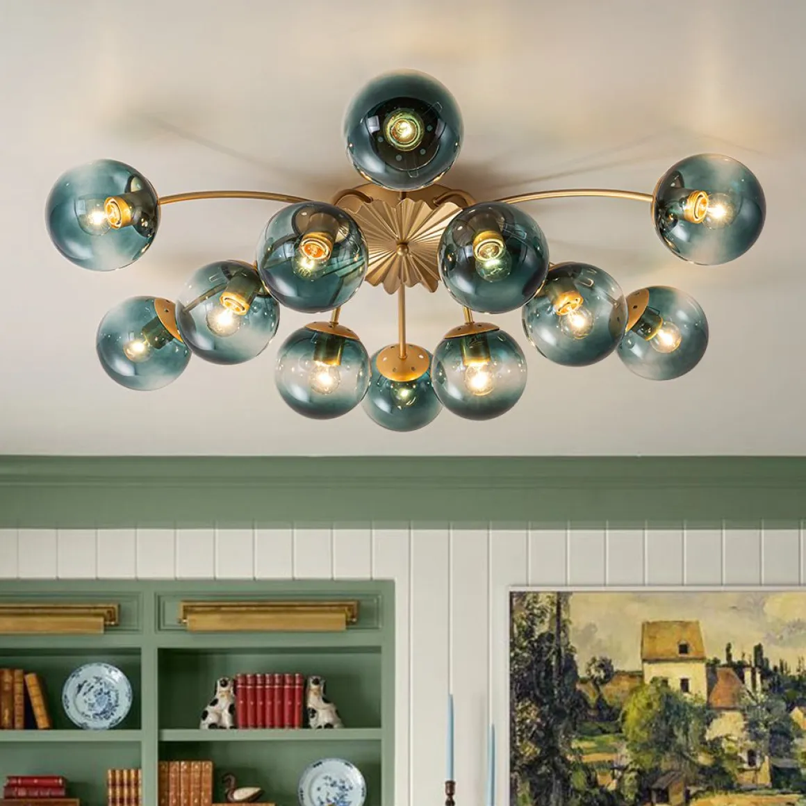 Glam Bloom 12-Light Blue Glass Bubble Semi Flush Chandelier