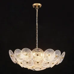 Glam Brass Ribbed Glass Floral Round Basket Chandelier
