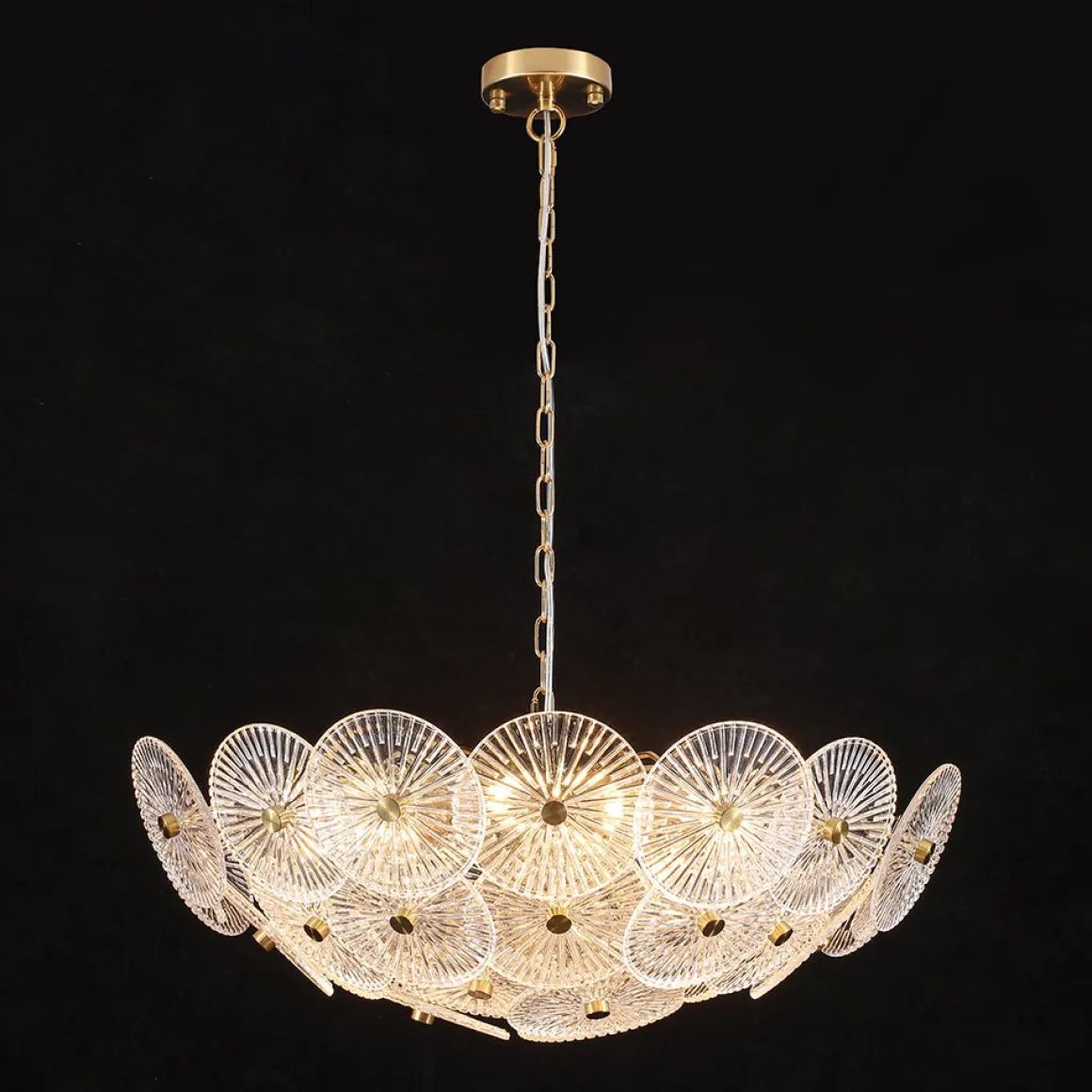 Glam Brass Ribbed Glass Floral Round Basket Chandelier
