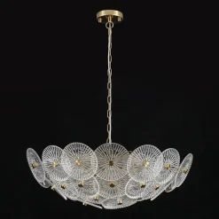 Glam Brass Ribbed Glass Floral Round Basket Chandelier