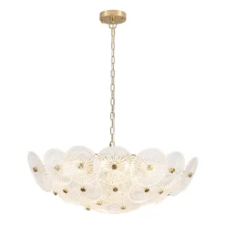 Glam Brass Ribbed Glass Floral Round Basket Chandelier