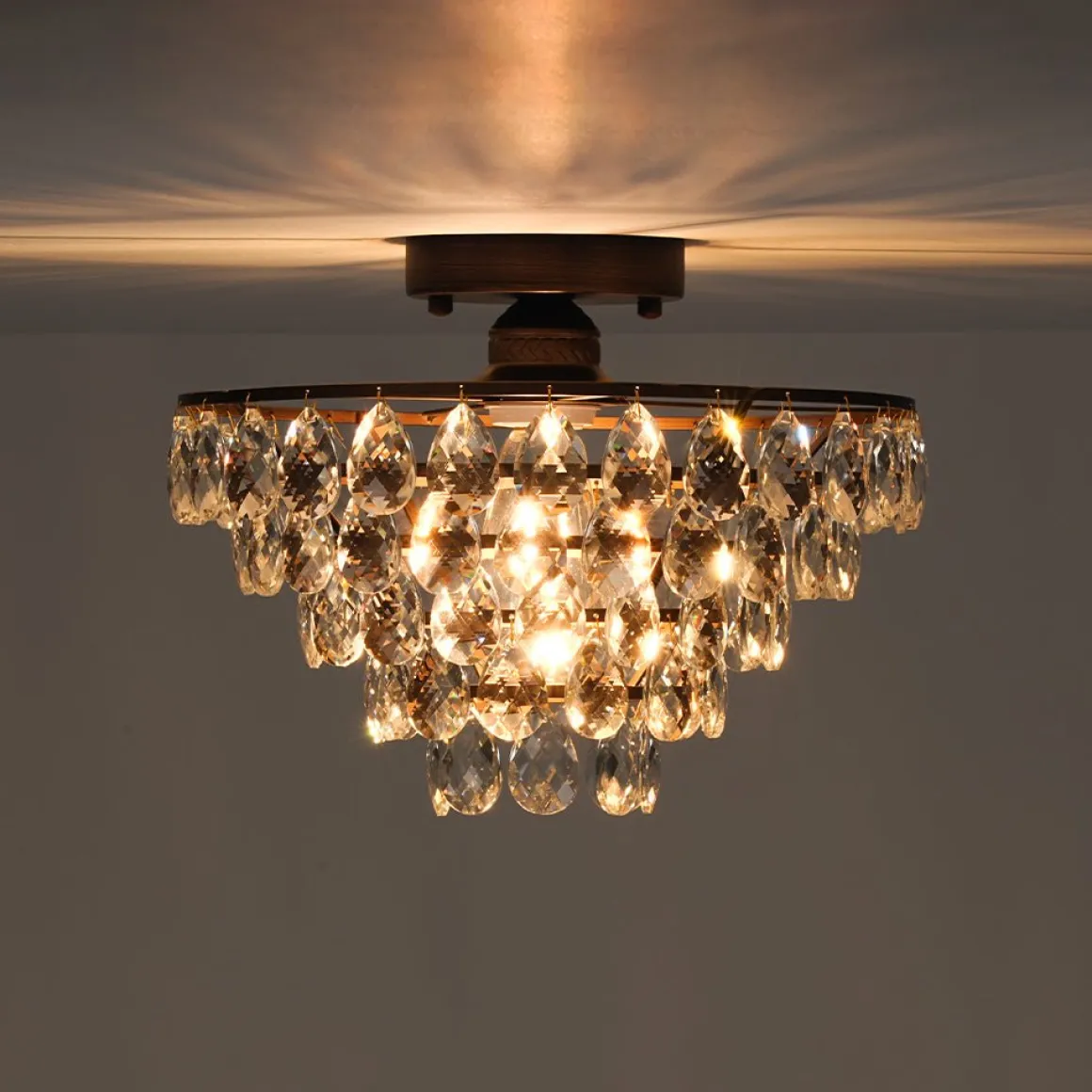 Glam Faceted Crystal Round Tiered Semi Flush Mount Light