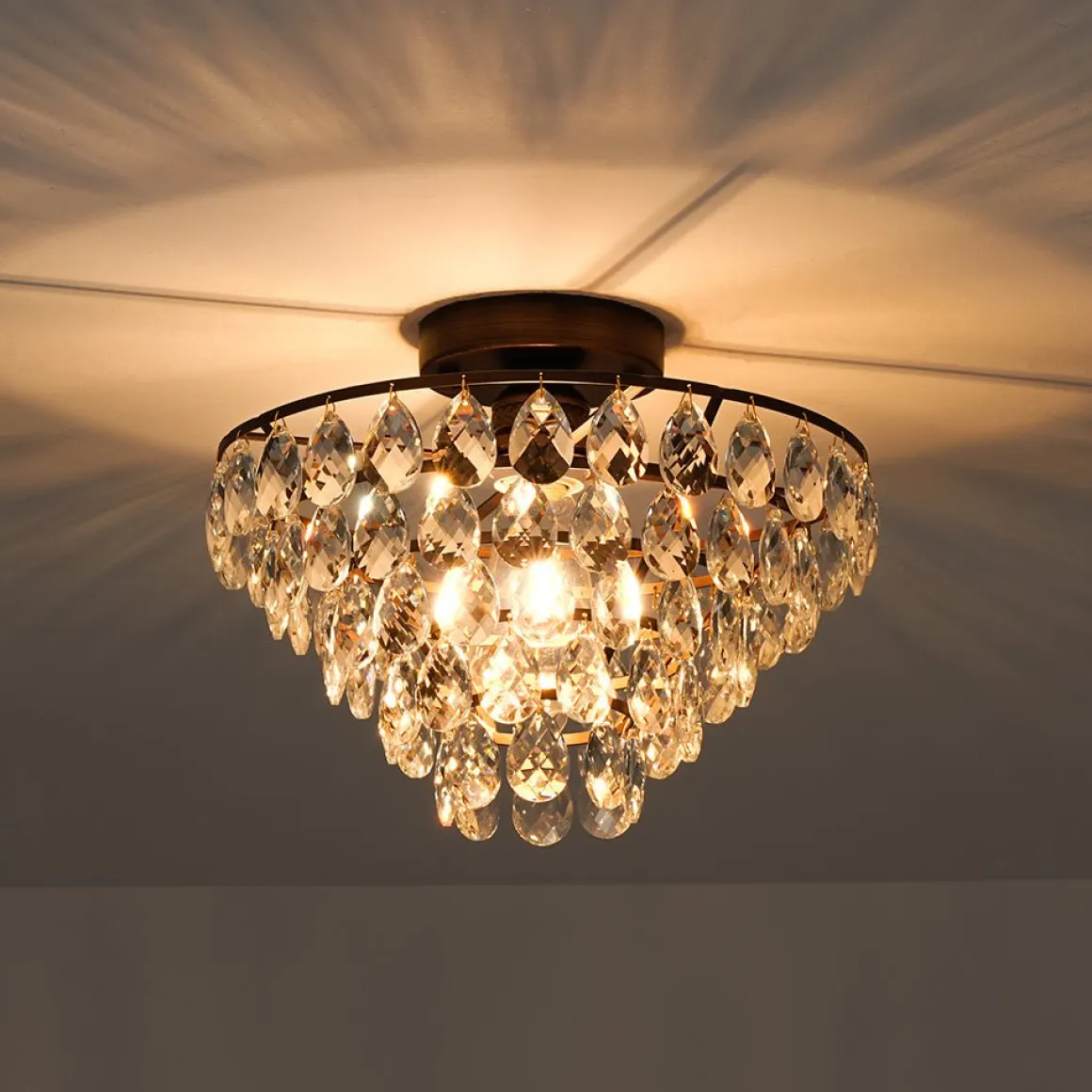 Glam Faceted Crystal Round Tiered Semi Flush Mount Light