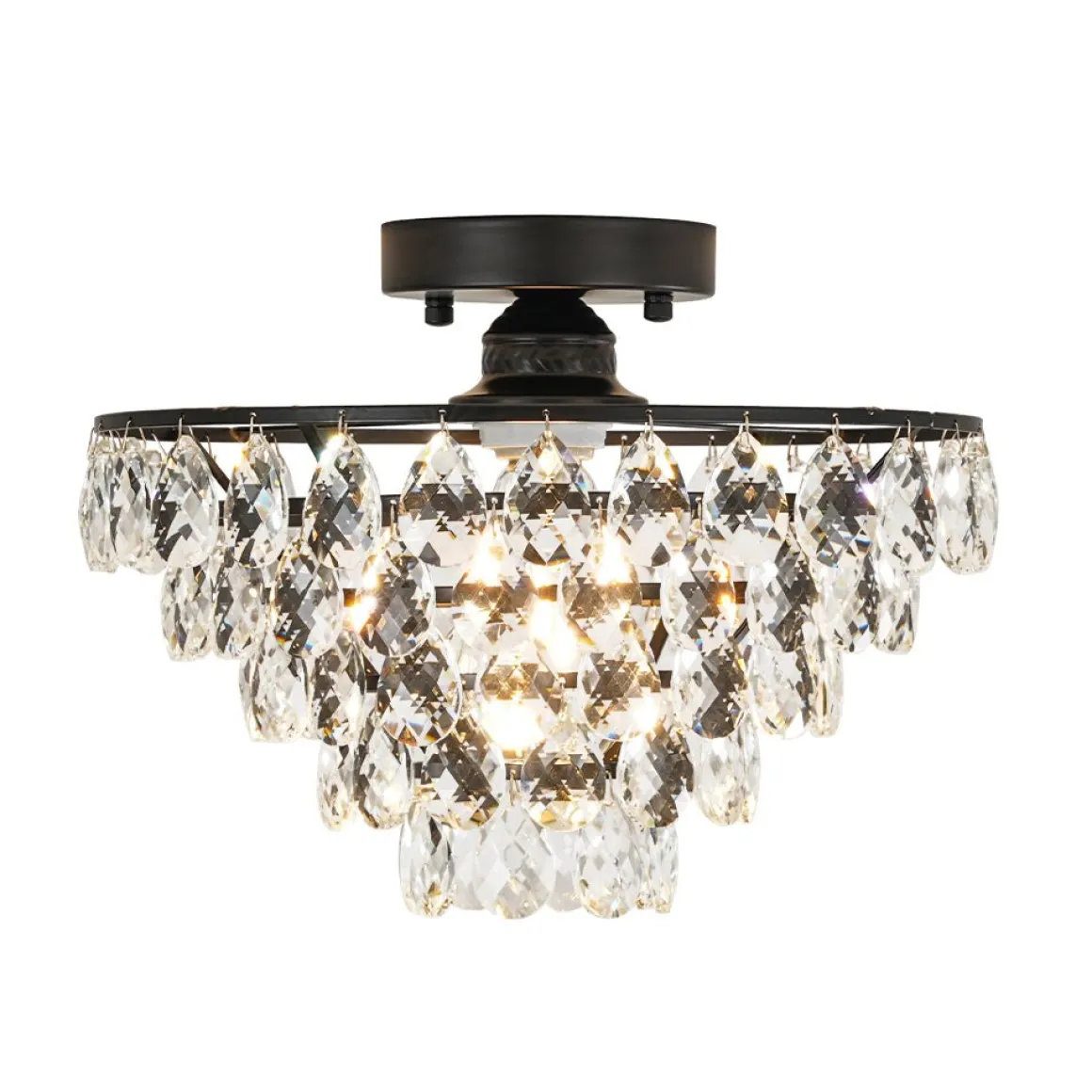 Glam Faceted Crystal Round Tiered Semi Flush Mount Light