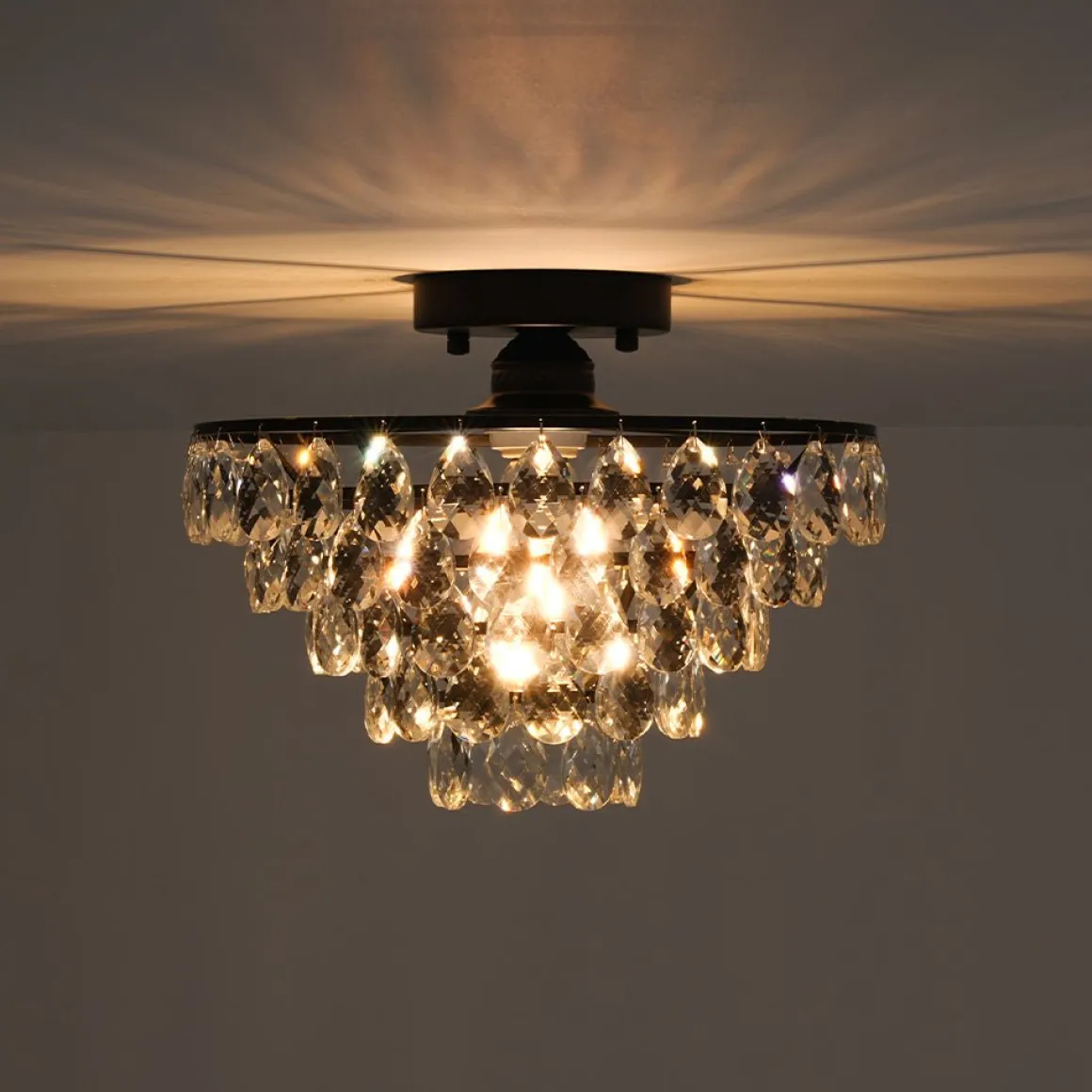 Glam Faceted Crystal Round Tiered Semi Flush Mount Light