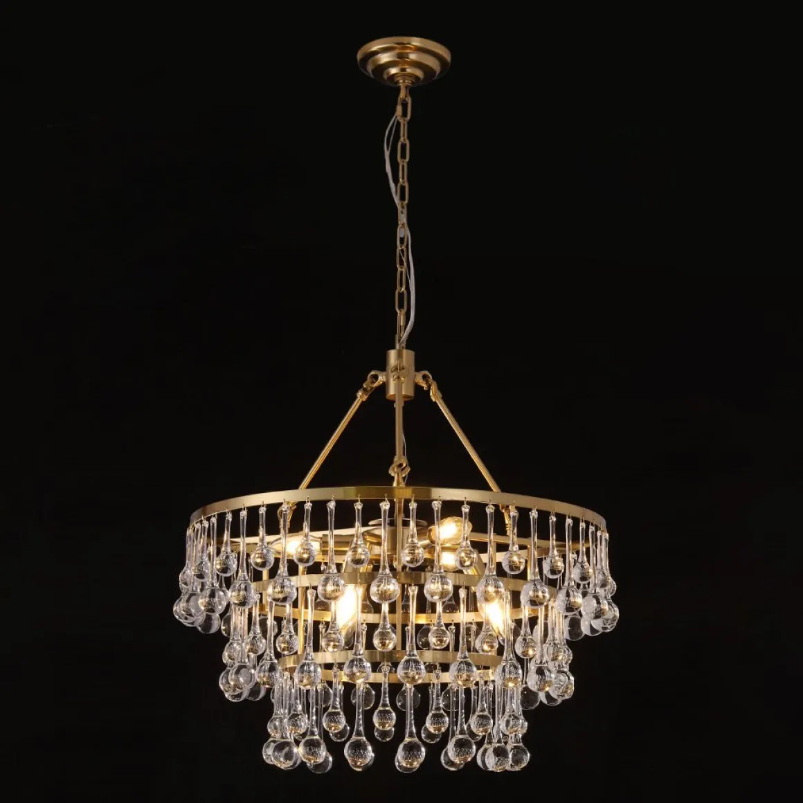 Glam Luxe Brass Tiered Crystal Raindrop Round Chandelier