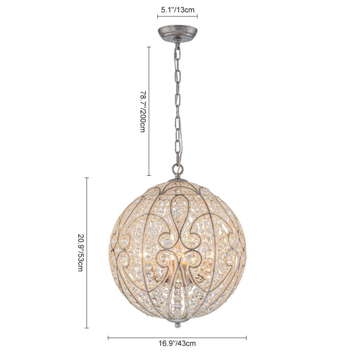 Glam Shabby Chic Crystal Globe Chandelier Distressed Silver