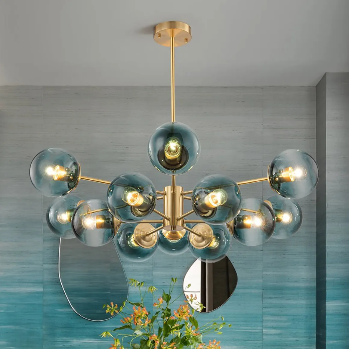 Glam Tiered Blue Glass Globe Bubble Sputnik Chandelier