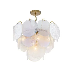 Glam White Iridescent Swirl Glass Round Tiered Chandelier