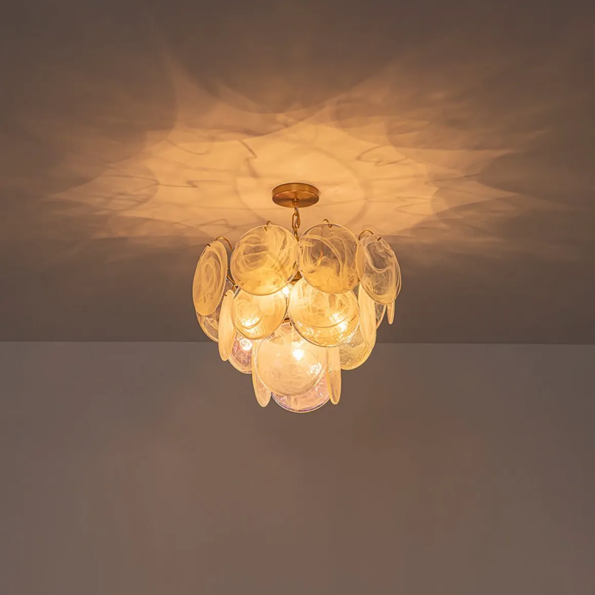 Glam White Iridescent Swirl Glass Round Tiered Chandelier