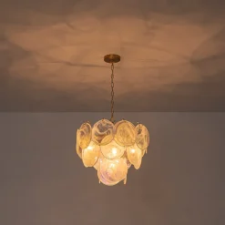 Glam White Iridescent Swirl Glass Round Tiered Chandelier