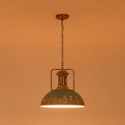 Industrial Farmhouse Distressed Teal Gold Metal Dome Pendant