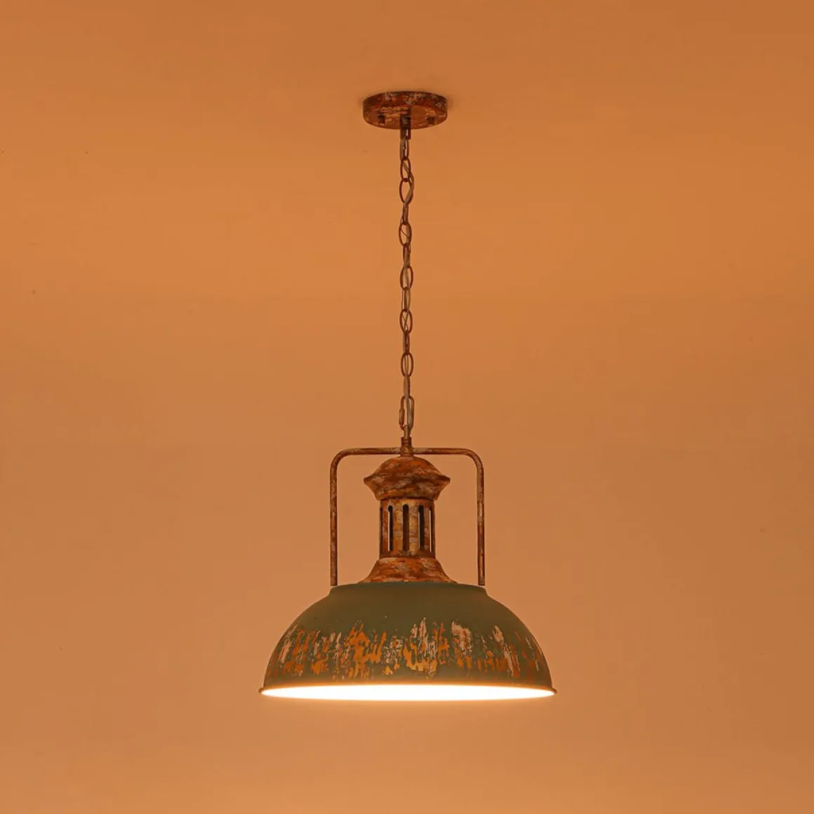 Industrial Farmhouse Distressed Teal Gold Metal Dome Pendant