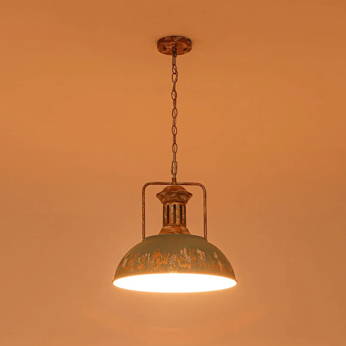 Industrial Farmhouse Distressed Teal Gold Metal Dome Pendant