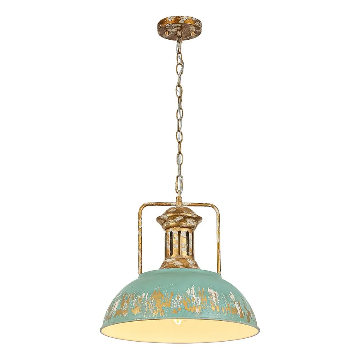 Industrial Farmhouse Distressed Teal Gold Metal Dome Pendant