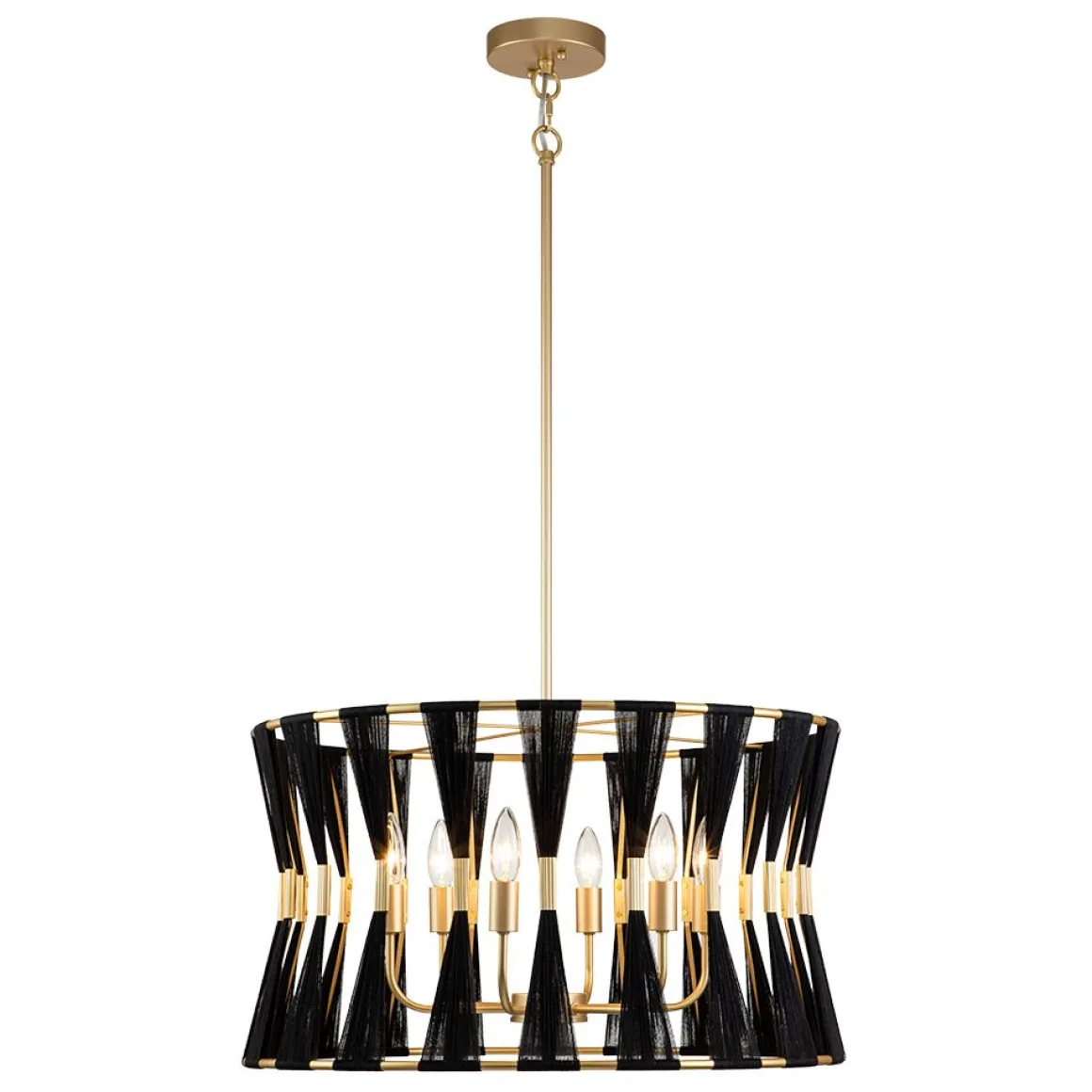 Ivory Woven Brass Open Drum Pendant Light