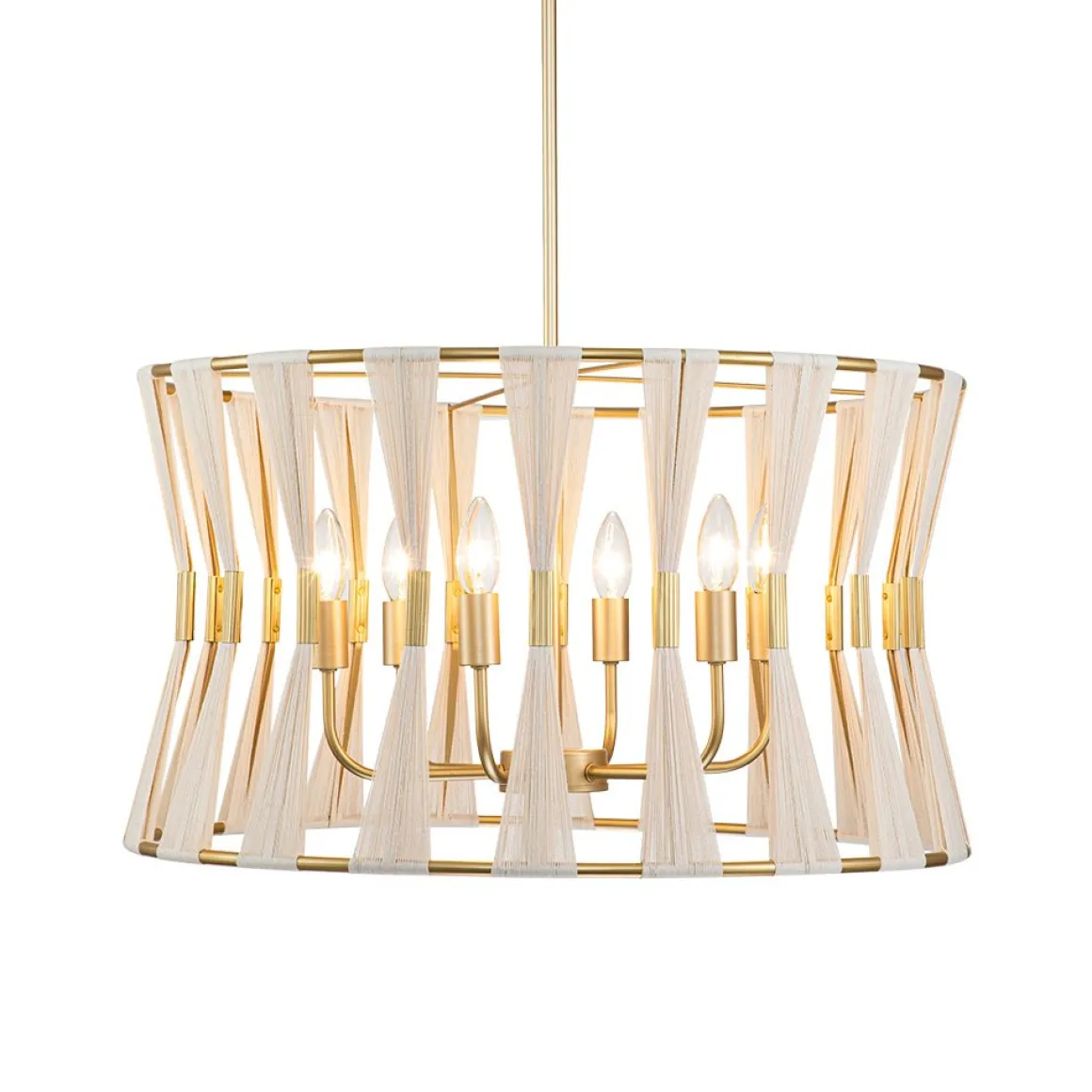 Ivory Woven Brass Open Drum Pendant Light