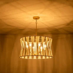 Ivory Woven Brass Open Drum Pendant Light
