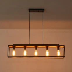 5-Light Aged Oak Iron Rectangle Cage Island Chandelier