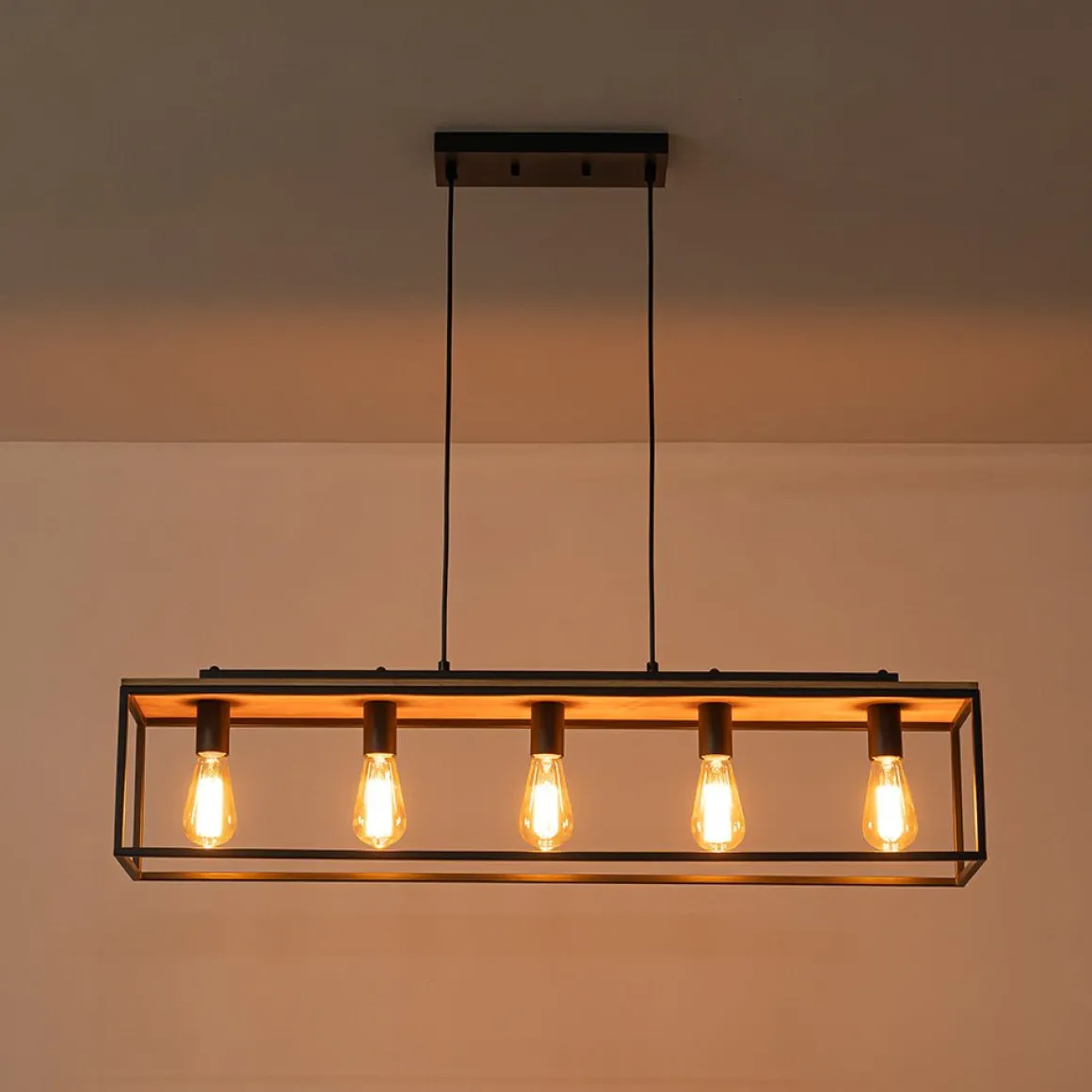 5-Light Aged Oak Iron Rectangle Cage Island Chandelier
