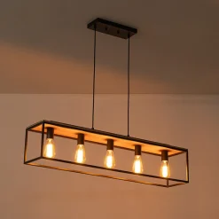 5-Light Aged Oak Iron Rectangle Cage Island Chandelier