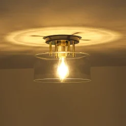 1-Light Black Brass Clear Glass Drum Semi Flush Mount