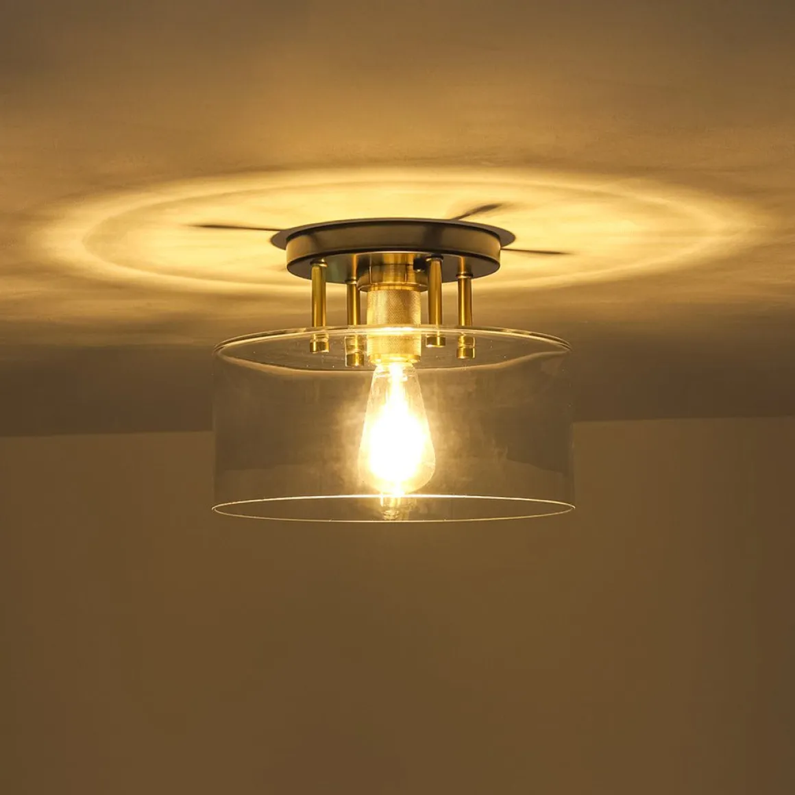 1-Light Black Brass Clear Glass Drum Semi Flush Mount