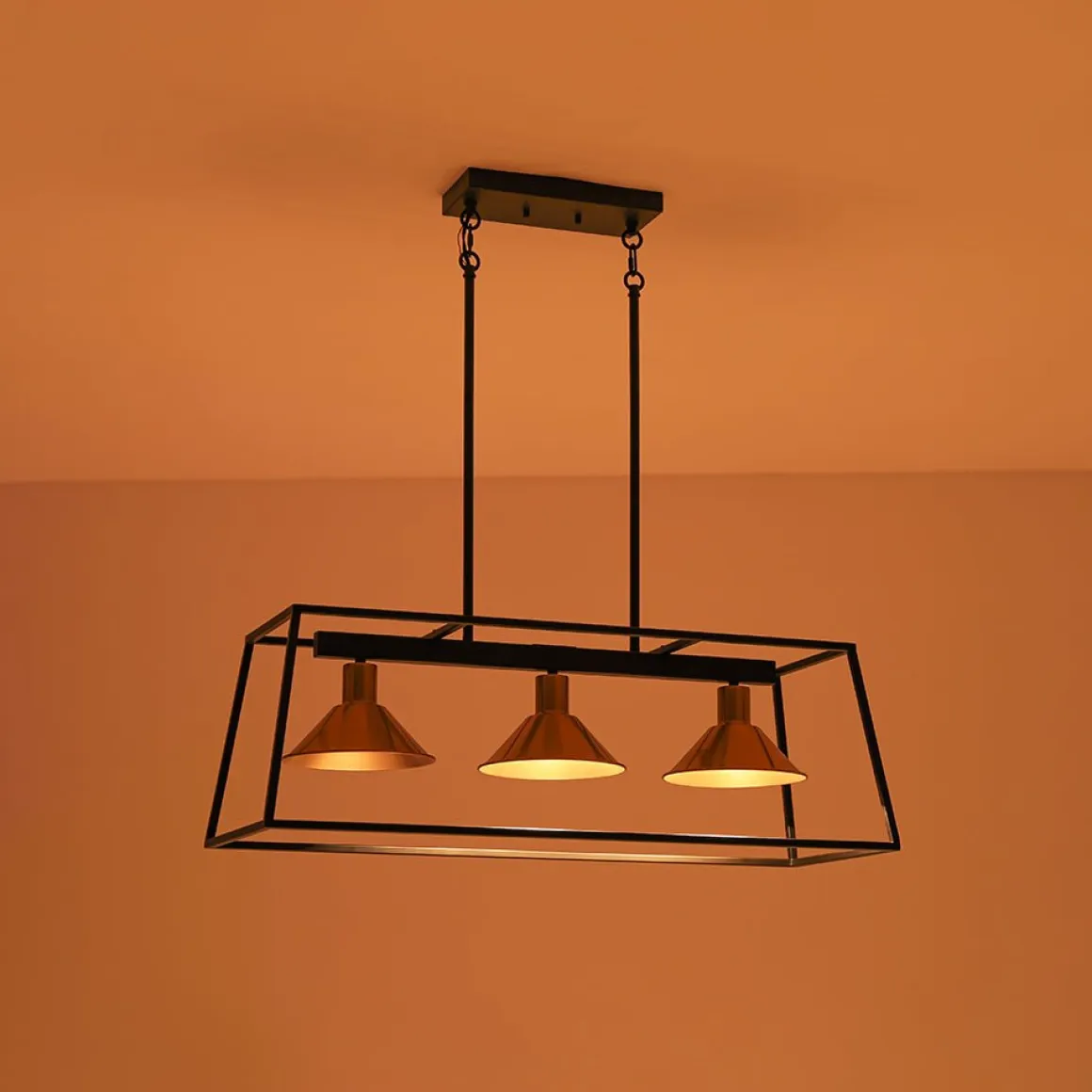 3-Light Black Brass Rectangle Cage Island Chandelier