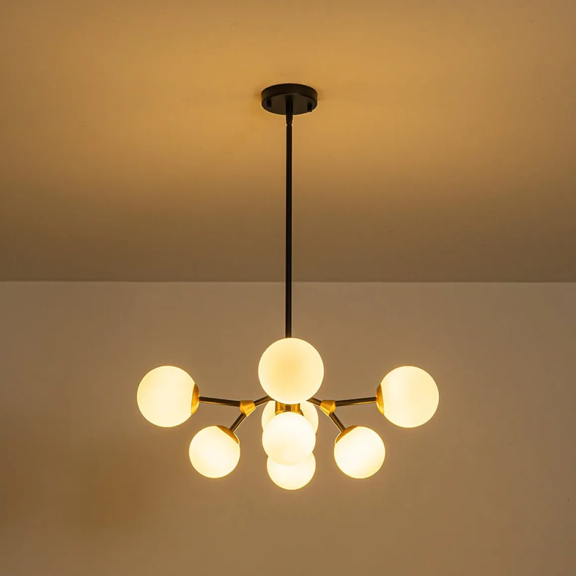8-Light Black Brass White Glass Globe Round Sputnik Chandelier