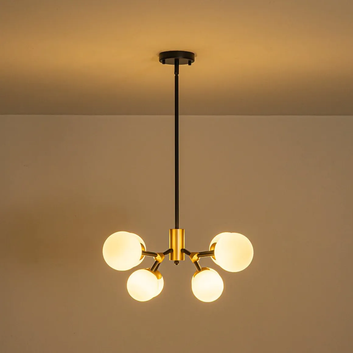 8-Light Black Brass White Glass Globe Round Sputnik Chandelier