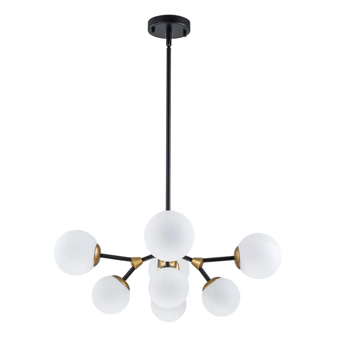 8-Light Black Brass White Glass Globe Round Sputnik Chandelier
