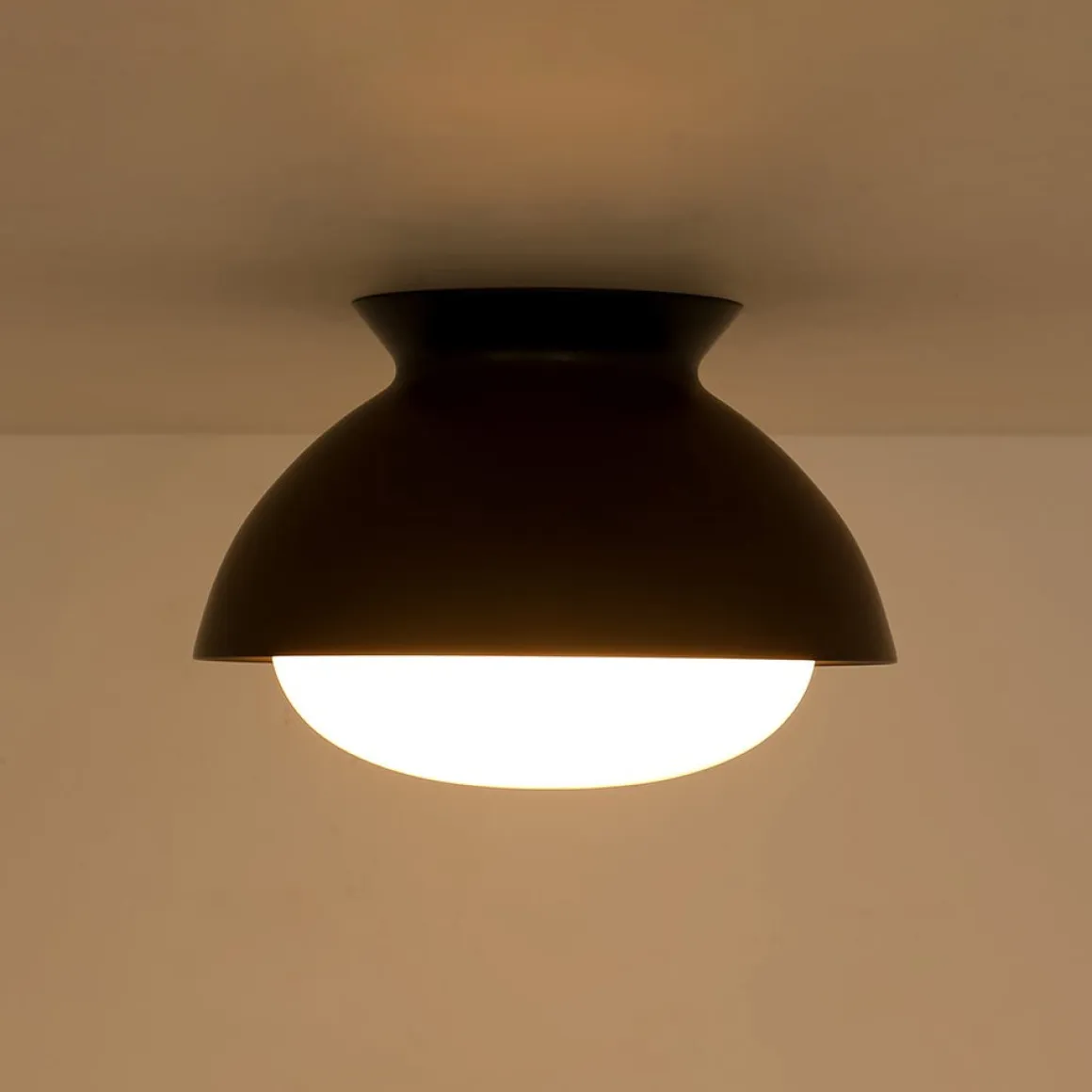 1-Light Black Dome Frosted Glass Shade Semi Flush Mount