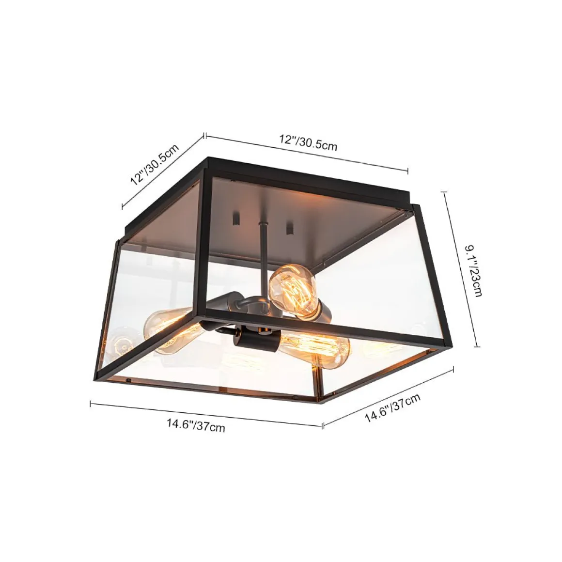 3-Light Black Square Box Clear Glass Cage Ceiling Light