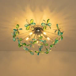 5-Light Bloom Green Blue Crystal Dandelion Semi Flush Mount