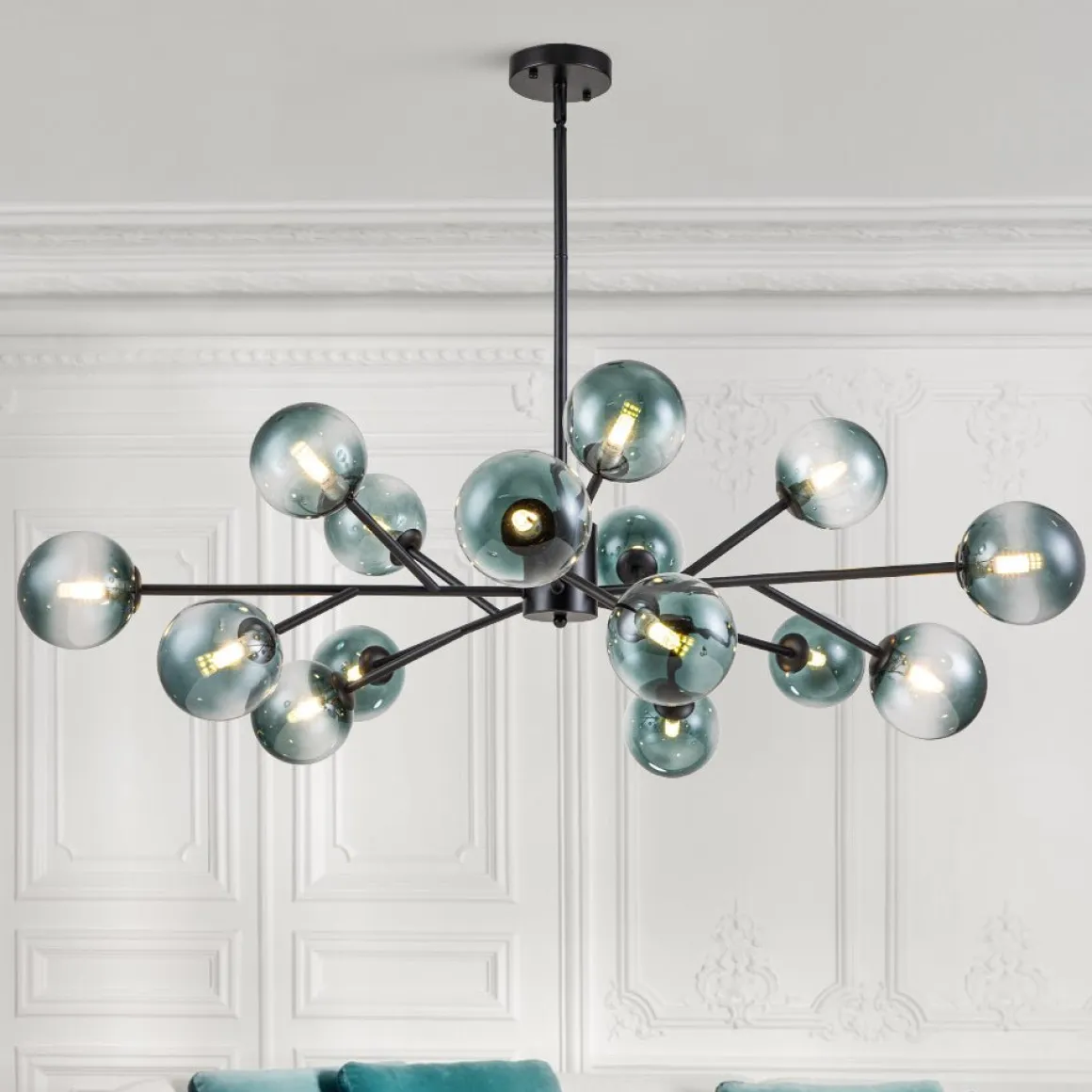 15-Light Branch Blue Glass Globe Bubble Chandelier