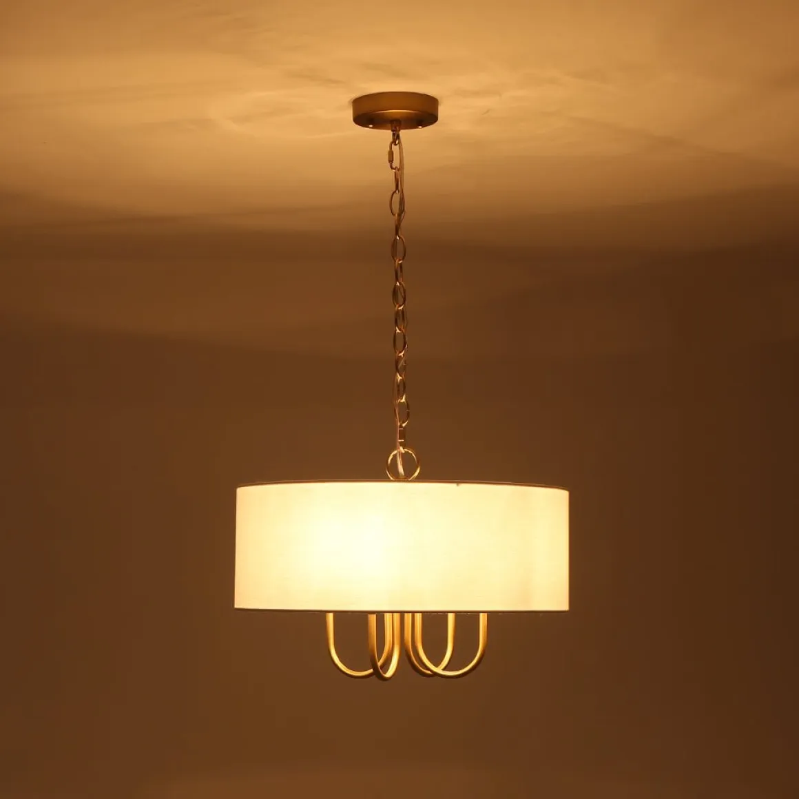4-Light Brass Candle Style White Fabric Drum Cage Chandelier