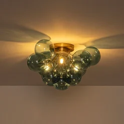 3-Light Brass Cluster Blue Glass Globe Bubble Ceiling Light