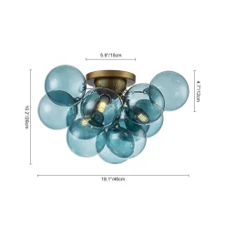 3-Light Brass Cluster Blue Glass Globe Bubble Ceiling Light