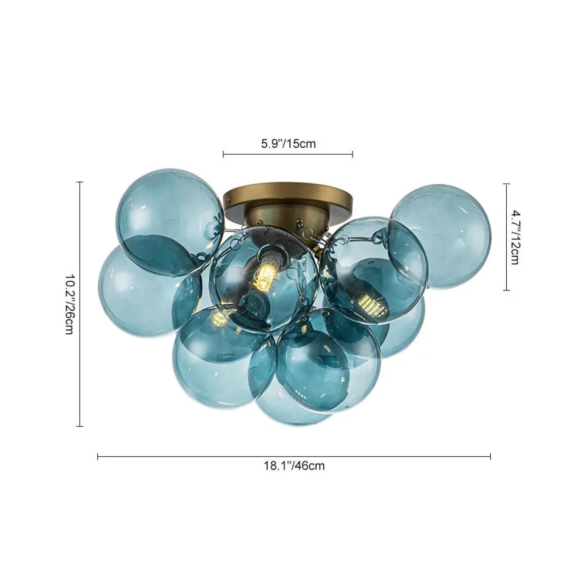 3-Light Brass Cluster Blue Glass Globe Bubble Ceiling Light
