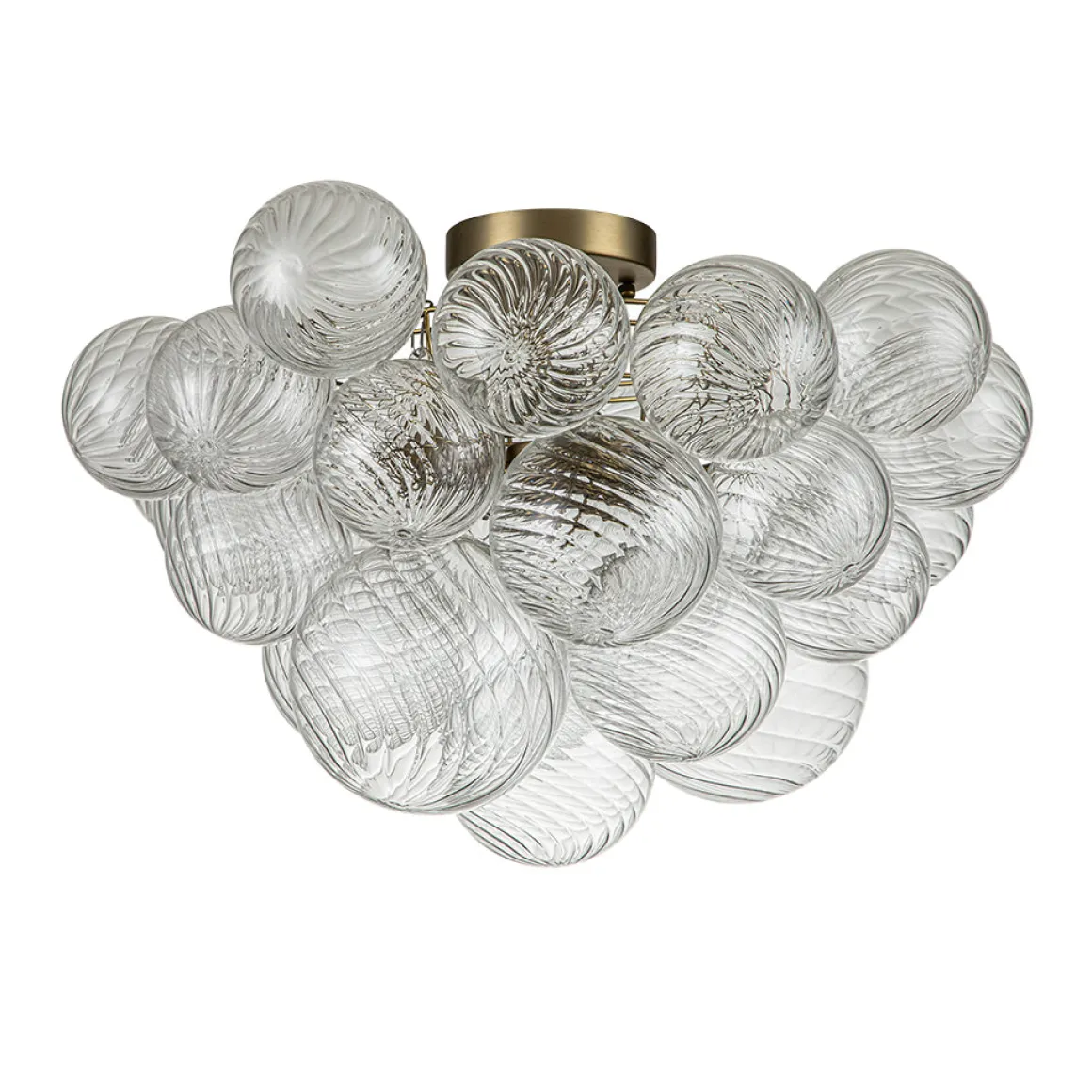 3-Light Brass Cluster Ribbed Glass Bubble Semi Flush Chandelier