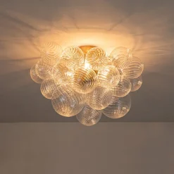 3-Light Brass Cluster Ribbed Glass Bubble Semi Flush Chandelier