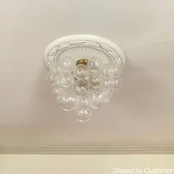 3-Light Brass Cluster Ribbed Glass Bubble Semi Flush Chandelier