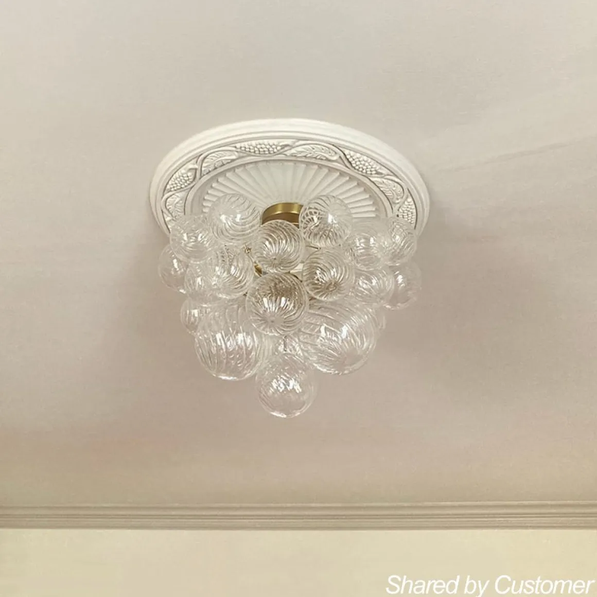 3-Light Brass Cluster Ribbed Glass Bubble Semi Flush Chandelier